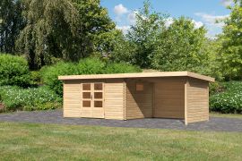 Gartenhaus SET naturbelassen mit Anbaudach 3,3m Breite, Rück- und Seitenwand, Grundfläche: 11,5m²