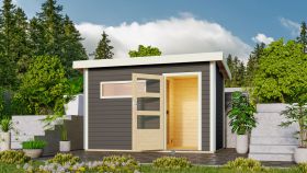 Saunahaus "Linnea 1" SET mit Ofen 9 kW, moderner Tür & Fenster, Farbe: Terragrau, mit - 336 x 196 cm (B x T), Grundfläche: 6 m²