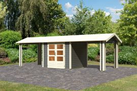 Gartenhaus SET mit Dachausbauelementen Links und Rechts, Nordische Fichte Terragrau, Doppeltür mit großen Lichtausschnitten, 18,4 m² überdachte Fläche