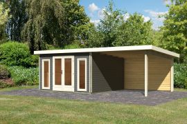 Gartenhaus SET terragrau mit Anbaudach, Rückwand, Grundfläche: 13,32m²