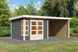 Gartenhaus SET terragrau mit Anbaudach 3,2 m, Rückwand, Seitenwand, Grundfläche: 7m²