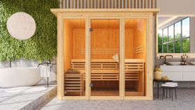Sauna "Druna" SET mit bronzierter Tür, Glasfront und Kranz - Farbe: Natur, Ofen BIO 9 kW - 240,5 x 248 x 202 cm (B x T x H)