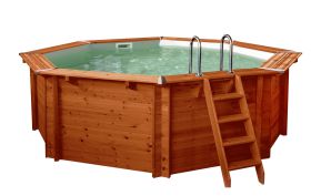 Holzpool Gardenflair 01, Achteck-rund, 5,30 x 1,38 Meter, inklusive Poolleiter, Poolfolie, Boden- und Wandvlies, Edelstahl-Eckverbindungen und LED-Scheinwerfer