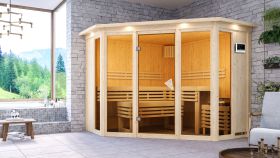 Sauna "Dilja" SET mit bronzierter Tür und Kranz - Farbe: Natur, Ofen externe Steuerung easy 9 kW - 245 x 245 x 202 cm (B x T x H)