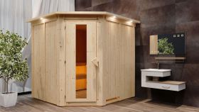 Sauna "Nooa" SET mit Kranz und Energiespartür - Farbe: Natur, Ofen 9 kW - 210 x 210 x 202 cm (B x T x H)