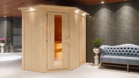Sauna "Mika" SET mit Energiespartür und Kranz - Farbe: Natur, Ofen BIO 9 kW - 165 x 210 x 202 cm (B x T x H)