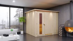 Sauna "Toivo" SET mit Energiespartür und Kranz - Farbe: Natur, Ofen externe Steuerung easy 9 kW - 245 x 210 x 202 cm (B x T x H)