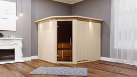 Sauna "Samu" SET mit graphitfarbener Tür und Kranz - Farbe: Natur, Ofen BIO 9 kW - 245 x 210 x 202 cm (B x T x H)