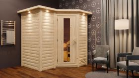 Sauna "Tjara 1" SET mit Energiespartür und Kranz - Farbe: Natur, Ofen 9kW - 221 x 198 x 212 cm (B x T x H)