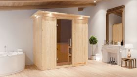 Sauna "Eeli" mit graphitfarbener Tür und Kranz SET mit Ofen externe Steuerung easy 9 kW - 210 x 132 x 202 cm (B x T x H)