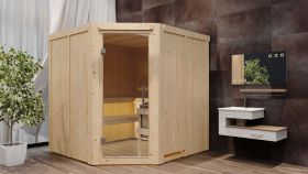 Sauna "Nooa" SET mit Klarglastür - Farbe: Natur, Ofen externe Steuerung easy 9 KW - 196 x 196 x 198 cm (B x T x H)