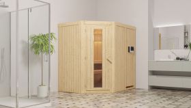 Sauna "Ole" SET mit Energiespartür - Farbe: Natur, Ofen externe Steuerung easy 3,6 kW - 151 x 196 x 198 cm (B x T x H)