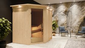 Sauna "Askjell" mit graphitfarbener Tür und Kranz - Farbe: Natur - 210 x 184 x 202 cm (B x T x H)