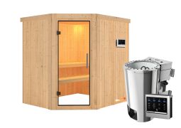 Sauna "Askjell" SET AKTION mit Klarglastür & Ofen BIO 3,6 kW - 196 x 170 x 198 cm (B x T x H)