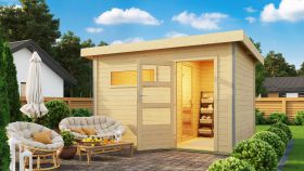 Saunahaus "Linnea 2" SET mit moderner Tür & Ofen 9 kW, Farbe: Natur  - 336 x 231 cm (B x T), Grundfläche: 7 m²