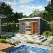 Saunahaus "Linnea 2" SET mit moderner Tür & Ofen 9 KW, Farbe: Terragrau - 336 x 231 cm (B x T), Grundfläche: 7 m²