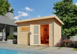 Saunahaus "Linnea 3" SET mit Milchglastür &  Ofen 9 kW - 396 x 231 cm (B x T), Grundfläche: 8,4 m²