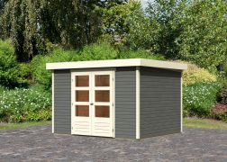 Blockbohlen - Gartenhaus mit Flachdach ohne Dachpappe, Farbe: Terragrau, Grundfläche: 7,21 m²
