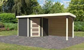 Gartenhaus SET AKTION terragrau mit Anbaudach 2,8 m Breite, Rückwand, Grundfläche: 5,76m²