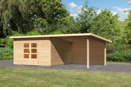 Gartenhaus SET naturbelassen mit Anbaudach 3,3 m Breite, Rückwand, Grundfläche: 13,32m²