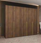 Kleiderschrank mit drei Kleiderstangen | Farbe: Walnuss | 2,5 Meter breit | drei Fächer | drei Türen | Soft-Close-Funktion | Griffe: Gold | für Schlafzimmer