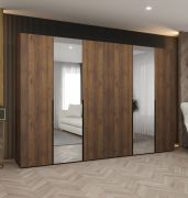 Kleiderschrank mit sechs Türen | Farbe: Walnuss | zwei Spiegeltüren | Soft-Close-Funktion | 3 Meter breit | Griffe: Schwarz | vier Kleiderstangen | vier Fächer