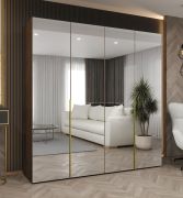 Kleiderschrank mit Soft-Close-Funktion | Farbe: Walnuss | zwei Fächer | 1,5 Meter breit | zwei Kleiderstangen | Griffe: Gold | drei Spiegeltüren