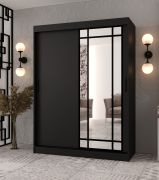 Schiebetürenschrank | Schwarz Matt | dekorative Spiegeltür | 150 x 62 x 200 cm | 5 Fächer | 2 Kleiderstangen | Schiebetürenschrank | Elegante Ausführung