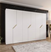 Drehtürenschrank | Farbe: Weiß | 6 Türen | 3 Kleiderstangen | ABS-Kanten | Griffe: Gold | Maße: 300 x 52 x 202 cm | Soft-Close-Funktion | 3 Fächer