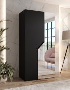 Kleiderschrank | 1 Spiegeltür | Farbe: Schwarz | 1 Fach | 1 Kleiderstange | Griffe: Schwarz | Drehtürenschrank | Maße: 100 x 52 x 202 cm | Soft-Close-Funktion