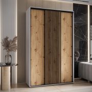 Schiebetürenschrank Mina in Weiß/Eiche, Metallgriffe in schwarz, Front aus laminierter Platte, platzsparend, viel Stauraum, 235,2 x 160 x 60 cm