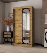 Kleiderschrank | Farbe: Eiche Artisan | 2 Kleiderstangen | 5 Fächer | 100 x 62 x 200 cm | dekorative Spiegeltür | Schiebetürenschrank | Moderne Details