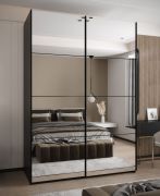 Kleiderschrank / Schiebetürenschrank | Spiegel | 245,5 x 170 x 64 cm | 11 Fächer | Farbe: Schwarz | 2 Schiebetüren | Soft-Close | 2 Kleiderstangen