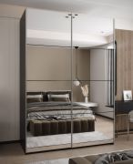 Kleiderschrank / Schiebetürenschrank | 2 Kleiderstangen | 245,5 x 180 x 64 cm | Spiegel | 11 Fächer | Soft-Close | 2 Schiebetüren | Farbe: Schwarz