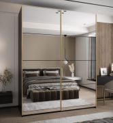 Kleiderschrank / Schiebetürenschrank | 2 Kleiderstangen | 245,5 x 190 x 64 cm | 2 Schiebetüren | Spiegel | 11 Fächer | Soft-Close | Farbe: Schwarz