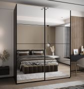 Kleiderschrank / Schiebetürenschrank | 11 Fächer | 245,5 x 200 x 64 cm | 2 Schiebetüren | 2 Kleiderstangen | Soft-Close | Farbe: Schwarz | Spiegel