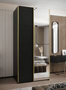 Kleiderschrank / Schiebetürenschrank | 245,5 x 120 x 64 cm | Soft-Close | 6 Fächer | 2 Kleiderstangen | Spiegel | Farbe: Schwarz | 2 Schiebetüren
