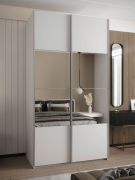 Kleiderschrank / Schiebetürenschrank | 2 Kleiderstangen | 245,5 x 130 x 64 cm | 6 Fächer | 2 Schiebetüren | Spiegel | Soft-Close | Farbe: Weiß
