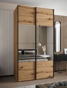 Kleiderschrank / Schiebetürenschrank | 245,5 x 140 x 64 cm | 2 Schiebetüren | Soft-Close | 6 Fächer | 2 Kleiderstangen | Spiegel | Farbe: Eiche Artisan