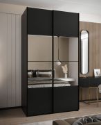 Kleiderschrank / Schiebetürenschrank| Spiegel | 245,5 x 140 x 64 cm | 2 Kleiderstangen | 6 Fächer | Soft-Close | 2 Schiebetüren | Farbe: Schwarz