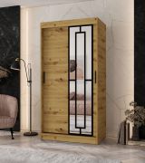Schiebetürenschrank / Kleiderschrank | Farbe: Eiche Artisan | 5 Fächer | 2 Kleiderstangen | schmal | 100 x 62 x 200 cm | dekorative Spiegeltür | für Schlafzimmer