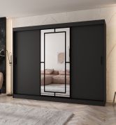Kleiderschrank / Schiebetürenschrank | Schwarz Matt | 10 Fächer | 2 Kleiderstangen | hochwertig Verarbeitet | 250 x 62 x 200 cm | dekorative Spiegeltür