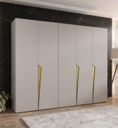 Kleiderschrank | Farbe: Kaschmir | 5-Türig | 3 Fächer | Griffe: Gold | 3 Kleiderstangen| Soft-Close-Funktion | Maße: 250 x 52 x 202 cm | ABS-Kanten