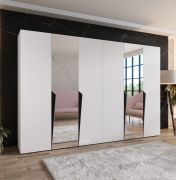 Kleiderschrank / Drehtürenschrank | Farbe: Weiß | 2 Spiegeltüren | 4 Fächer | 4 Kleiderstangen | Soft-Close | Griffe: Schwarz | Maße: 300 x 52 x 202 cm | ABS
