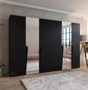 Kleiderschrank / Drehtürenschrank | Farbe: Schwarz | 2 Spiegeltüren | 4 Fächer | 4 Kleiderstangen | Soft-Close | Griffe: Schwarz | Maße: 300 x 52 x 202 cm | ABS