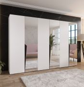 Drehtürenschrank | 3 Spiegeltüren | Farbe: Weiß | Soft-Close | 3 Fächer | 3 Kleiderstangen | Griffe: Schwarz | Maße: 300 x 52 x 202 cm | Kleiderschrank