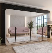 Drehtürenschrank | Farbe: Weiß | Schlafzimmerschrank mit Spiegel | Griffe: Schwarz | Soft-Close-Funktion | 3 Fächer | 3 Kleiderstangen | Maße: 300 x 52 x 202 cm | ABS-Kanten