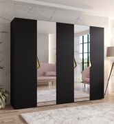 Kleiderschrank | 2 Spiegeltüren | Farbe: Schwarz | 2,5 Meter breit | 3 Fächer | Griffe: Gold | 3 Kleiderstangen | Maße: 250 x 52 x 202 cm | Soft-Close