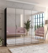 Drehtürenschrank / Kleiderschrank | Farbe: Schwarz | 3 Fächer | Soft-Close | Griffe: Kaschmir | Schlafzimmerschrank mit Spiegel | Maße: 250 x 52 x 202 cm | ABS-Kanten
