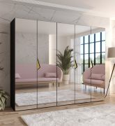 Drehtürenschrank / Kleiderschrank | Farbe: Schwarz | 3 Fächer | Soft-Close | Griffe: Gold | Schlafzimmerschrank mit Spiegel | Maße: 250 x 52 x 202 cm | ABS-Kanten